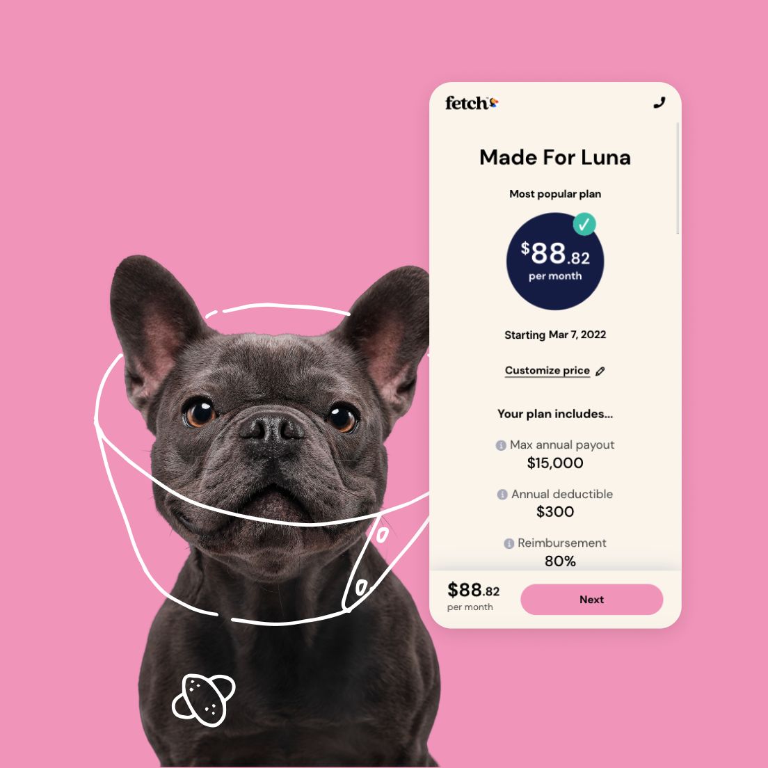 Fetch Pet Insurance case study tile with dog and app interface